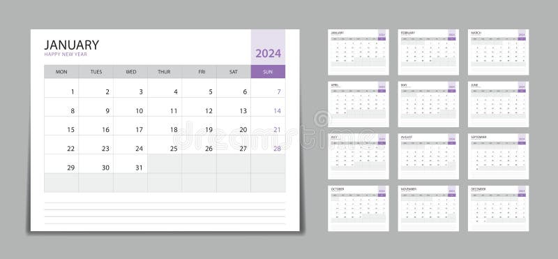 Monthly Calendar Template for 2024 Year, Desk Calendar 2024 Set, Week