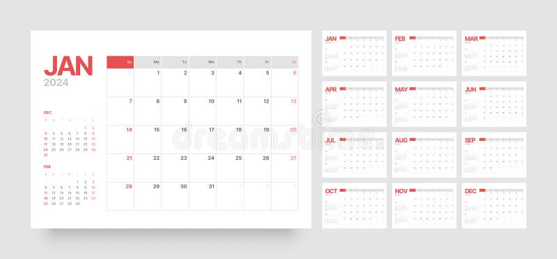 Monthly Calendar for 2024 Year. Starts on Sunday. Stock Illustration