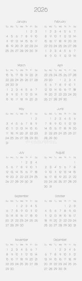 Monthly Calendar of Year 2026 Stock Vector - Illustration of reminder