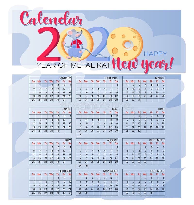Monthly Creative Calendar 2020. Funny Rat and Cheese. Happy New Year