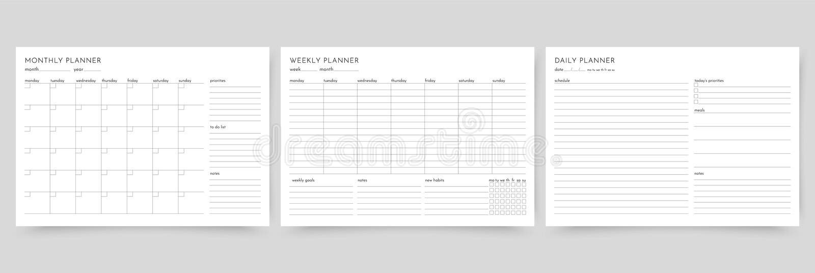 Weekly planner. Timetable for week with habit tracker, to do list and  notes. Vector illustration. Journal page template. Homework organizer.  Simple schedule. Empty blank of diary. Paper size A4. Stock Vector