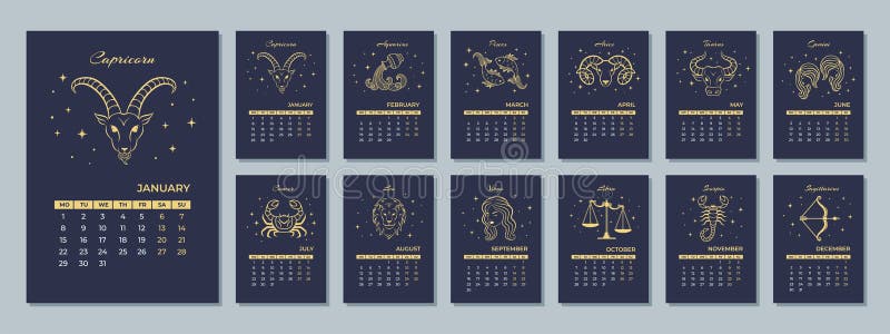 2024 Monthly Zodiac Calendar with the Astrological Sign. 12 Months of ...