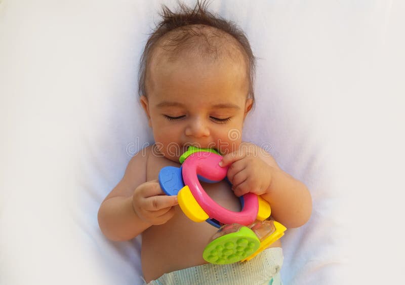 3 Months Old Baby Boy Playing with Teething Toy Stock Image Image of