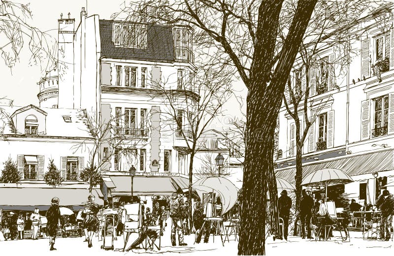 Vector illustration of a view of Montmartre in Paris under snow. Vector illustration of a view of Montmartre in Paris under snow