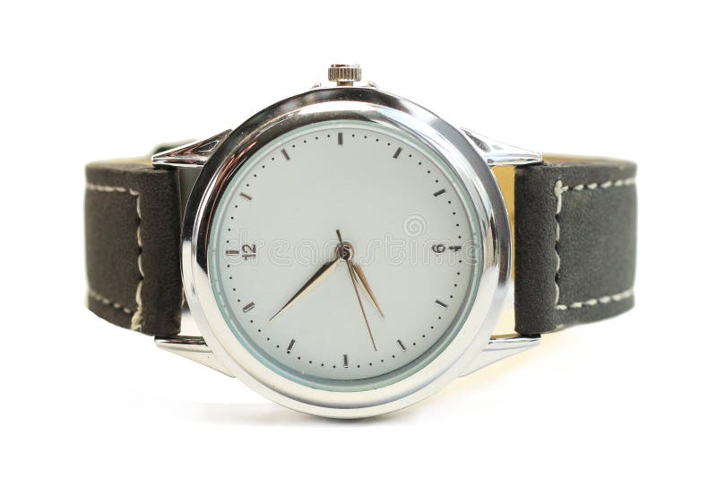Montre-bracelet avec la bordure blanche de chrome d'écran avec l'isolat noir de courroie images stock Montre-bracelet avec la bordure blanche de chrome d'écran avec l'isolat noir de courroie images stock