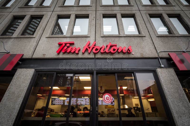 Tim Hortons Logo in Front of One of Their Restaurants in Quebec