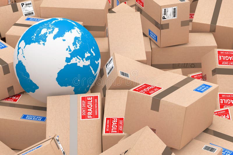 Heap of Cardboard Parcel Packages with Earth Globe extreme closeup. 3d Rendering. Heap of Cardboard Parcel Packages with Earth Globe extreme closeup. 3d Rendering