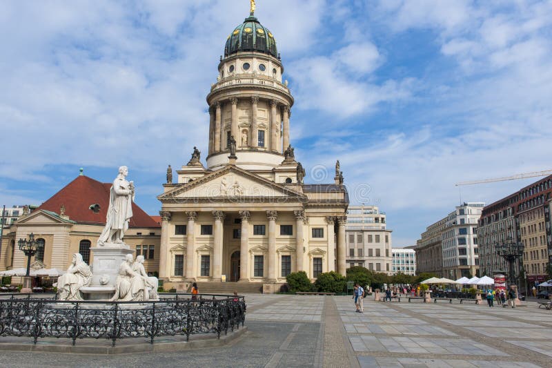 Berlin, Gendarmenmarkt. Historic buildings with French Cathedral and Schiller Monument.on square Gendarmenmarket.