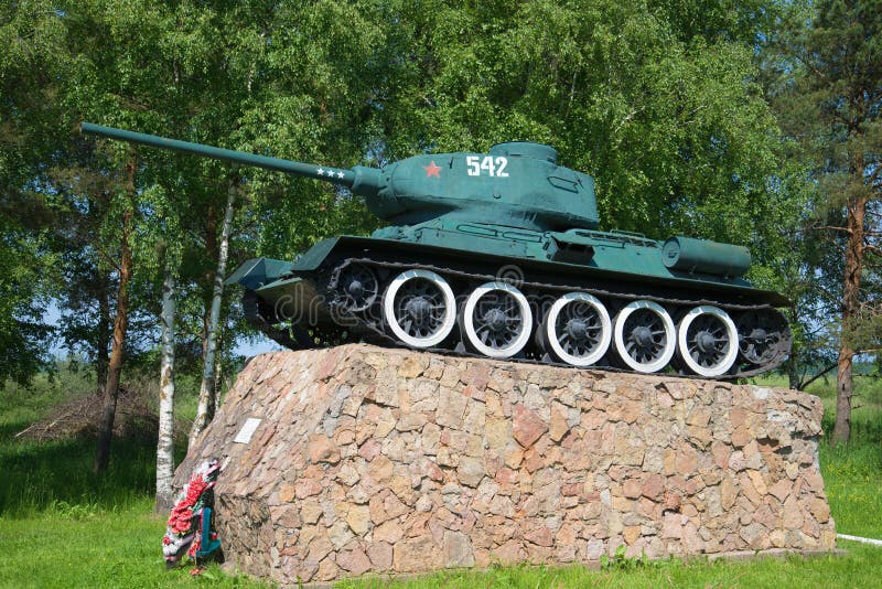 A monument to the legendary soviet tank T-34 on entry into the city of Staraya Russa, Russia. STARAYA RUSSA, RUSSIA - JUNE 02, 2016: A monument to the legendary stock photography A monument to the legendary soviet tank T-34 on entry into the city of Staraya Russa, Russia. STARAYA RUSSA, RUSSIA - JUNE 02, 2016: A monument to the legendary stock photography