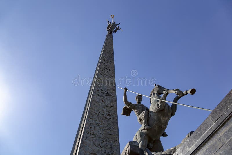 Monument to Saint George slaying a dragon on Poklonnaya hill in Victory Park, Moscow, Russia
