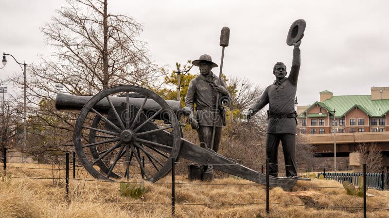 Pictured is the `Centennial Land Run Monument` by artist Paul Moore in Oklahoma City, Oklahoma. The monument commemorates the opening of the Unassigned Land in Oklahoma Territory with the Land Run of 1889. It is one of the worldâ€™s largest bronze sculptures featuring 45 heroic figures of land run participants as they race to claim new homesteads.  The monument is a city park and is open to the public year around 2r hours a day with free admission.  The sculptures were created from bronze and stainless steel between April 2003 and 2015. Pictured is the `Centennial Land Run Monument` by artist Paul Moore in Oklahoma City, Oklahoma. The monument commemorates the opening of the Unassigned Land in Oklahoma Territory with the Land Run of 1889. It is one of the worldâ€™s largest bronze sculptures featuring 45 heroic figures of land run participants as they race to claim new homesteads.  The monument is a city park and is open to the public year around 2r hours a day with free admission.  The sculptures were created from bronze and stainless steel between April 2003 and 2015.