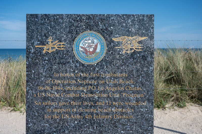 Monuments of the divisions that fought on Utah Beach during World War II stock photography