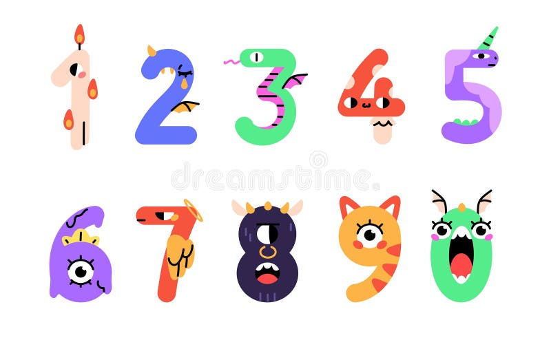 Monștri drăguți setați. Figuri amuzante din fontul dinozaurilor. Forme numerale cu animale pentru ziua de naștere a copiilor. Educație elementară. Ilustrații vectoriale izolate plate pe fond alb.