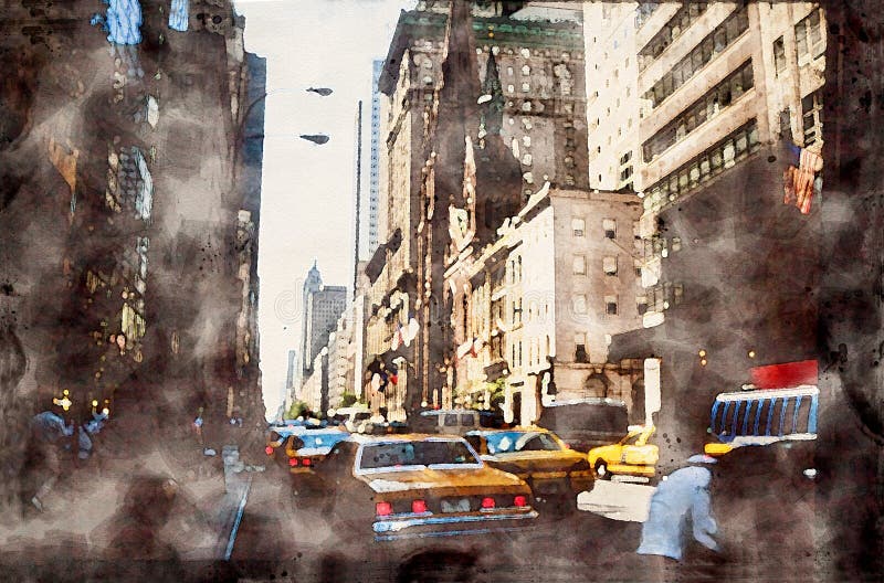 Moody Impressum von der 5th Avenue in New York City auf Manhattan mit Wolkenkratzern und Gelbkappen Aquarellmalerei vektor abbildung Moody Impressum von der 5th Avenue in New York City auf Manhattan mit Wolkenkratzern und Gelbkappen Aquarellmalerei vektor abbildung