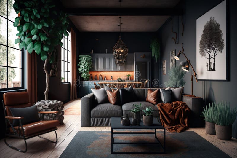 Moody Industrial Living: a Dark and Edgy Living Room Interior with ...
