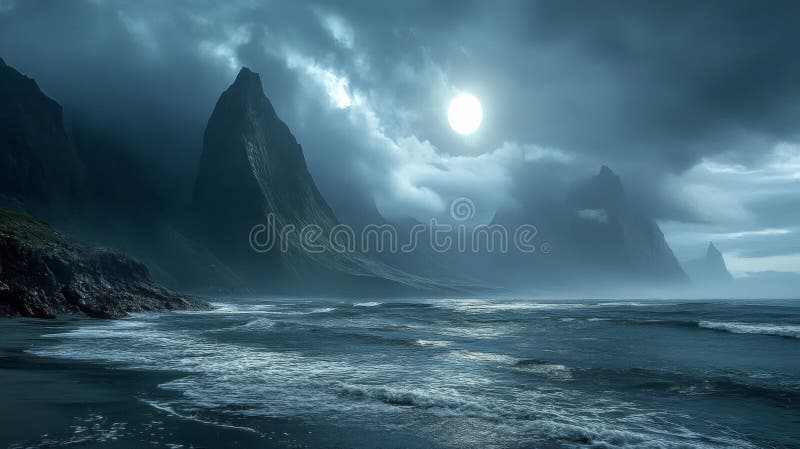 Moody Seascapp con Dramatic Cliffs e Moonlit Sky illustrazione di stock