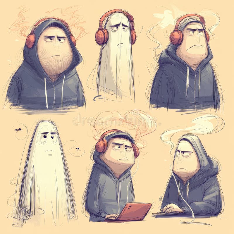 Moody teenage ghosts with headphones express their emotions in a pastel-toned sketch stock photography