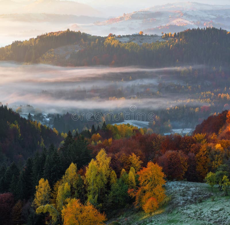 Mooi de herfst landelijk landschap Landschap met verbazende die bergen, gebieden en bossen met ochtendmist worden behandeld royalty-vrije stock afbeelding Mooi de herfst landelijk landschap Landschap met verbazende die bergen, gebieden en bossen met ochtendmist worden behandeld royalty-vrije stock afbeelding