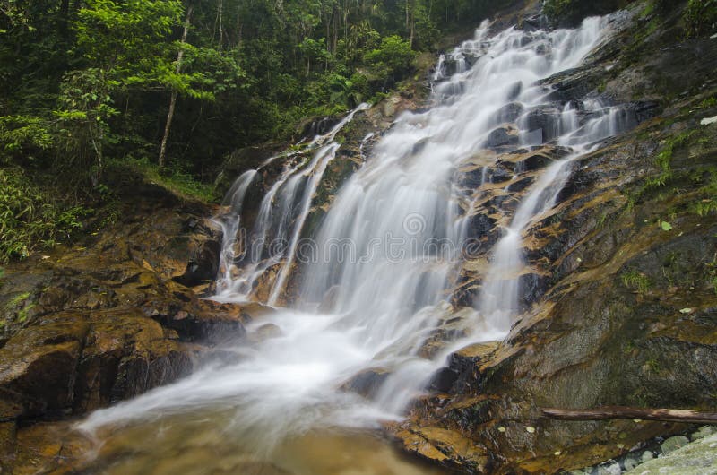 Mooi in de Waterval van aardkanching in Maleisië, verbazende draperende tropische waterval wordt gevestigd die royalty-vrije stock afbeelding Mooi in de Waterval van aardkanching in Maleisië, verbazende draperende tropische waterval wordt gevestigd die royalty-vrije stock afbeelding