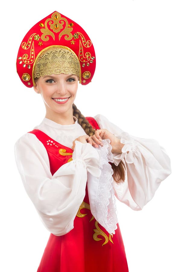 Mooi glimlachend Russisch meisje in volkskostuum stock foto Mooi glimlachend Russisch meisje in volkskostuum stock foto