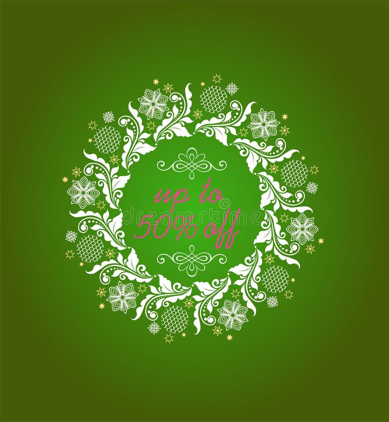 Mooi groen etiket voor de winterverkoop met decoratieve Kerstmiskroon royalty-vrije illustratie Mooi groen etiket voor de winterverkoop met decoratieve Kerstmiskroon royalty-vrije illustratie