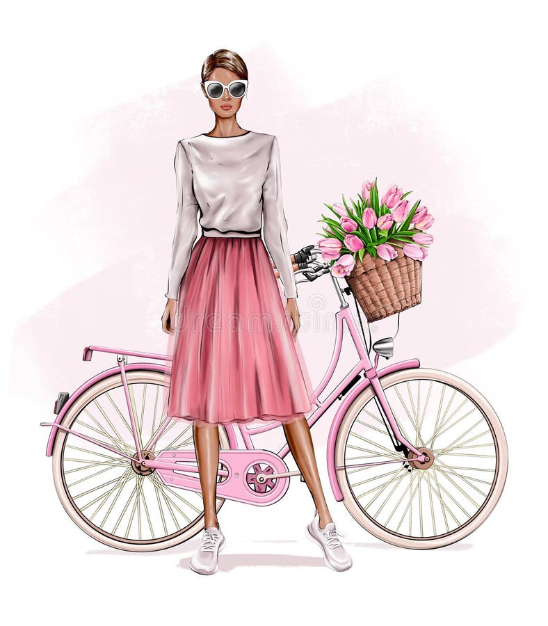 Mooi jong blond haar, vlak bij de fiets. modemeisje. mooie vrouw in rok. meisje met roze, roze tulle rok.
