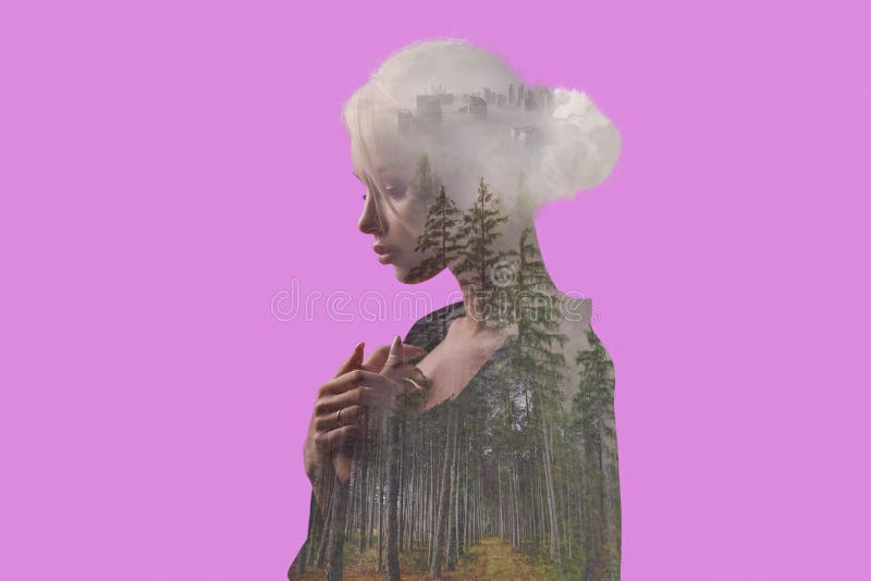 Mooi jong meisje met bomen, mist en stad binnen het lichaam vector illustratie Mooi jong meisje met bomen, mist en stad binnen het lichaam vector illustratie