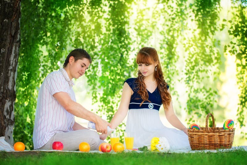 Mooi Jong Paar die Picknick in Platteland hebben Gelukkige Famil royalty-vrije stock afbeelding Mooi Jong Paar die Picknick in Platteland hebben Gelukkige Famil royalty-vrije stock afbeelding