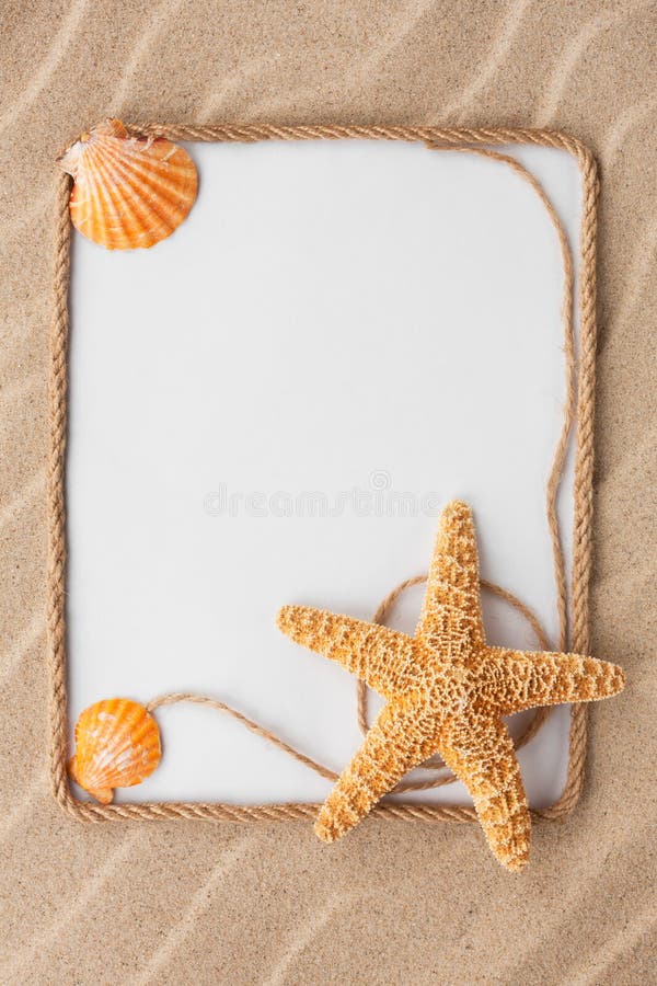 Mooi kader van kabel en ster en overzeese shells met witte bac royalty-vrije stock fotografie Mooi kader van kabel en ster en overzeese shells met witte bac royalty-vrije stock fotografie
