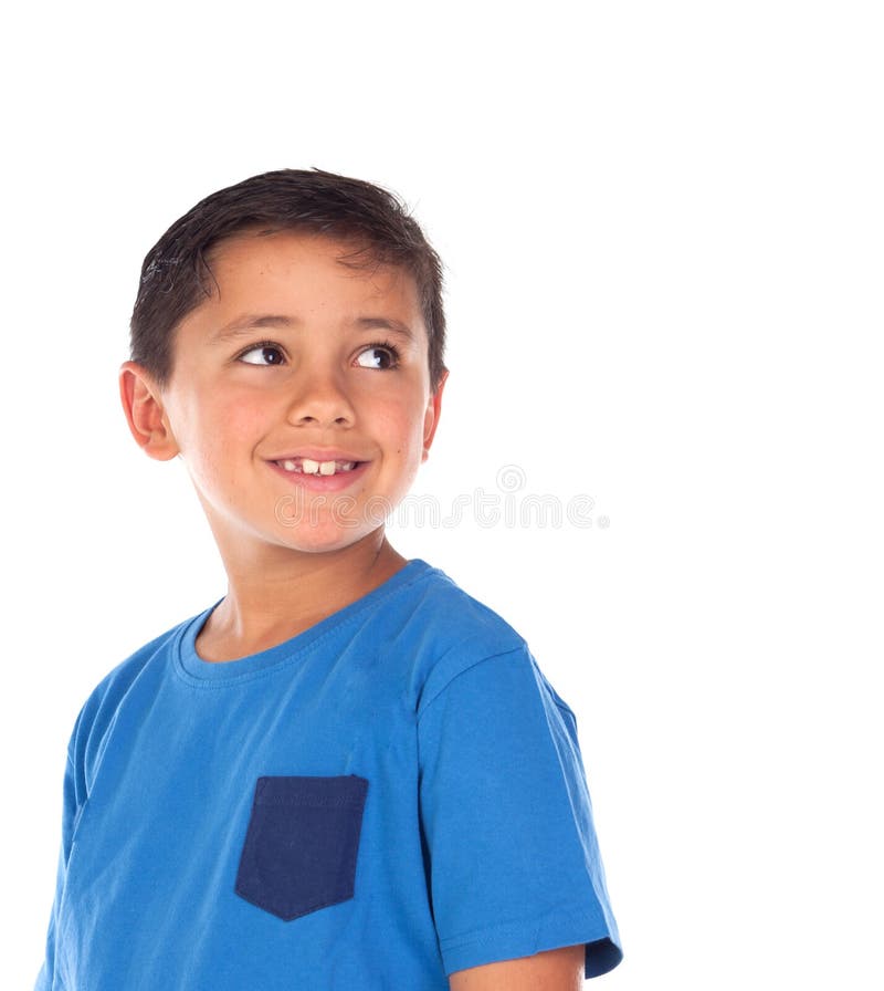Mooi kind met blauwe t-shirt en zwart haar royalty-vrije stock foto's Mooi kind met blauwe t-shirt en zwart haar royalty-vrije stock foto's