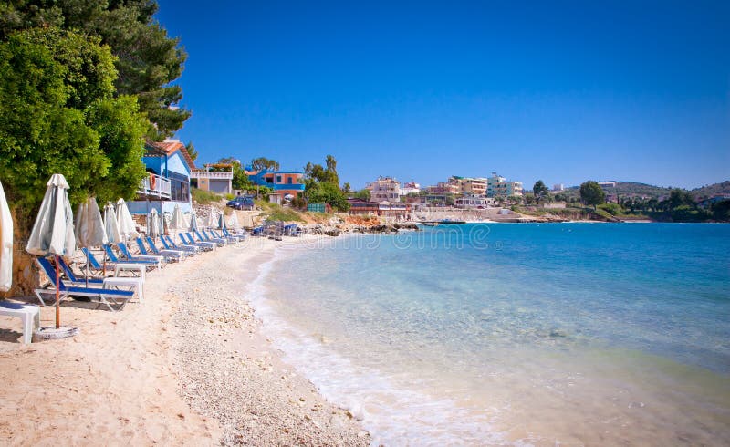 Mooi Ksamil-strand, Albanië stock fotografie Mooi Ksamil-strand, Albanië stock fotografie
