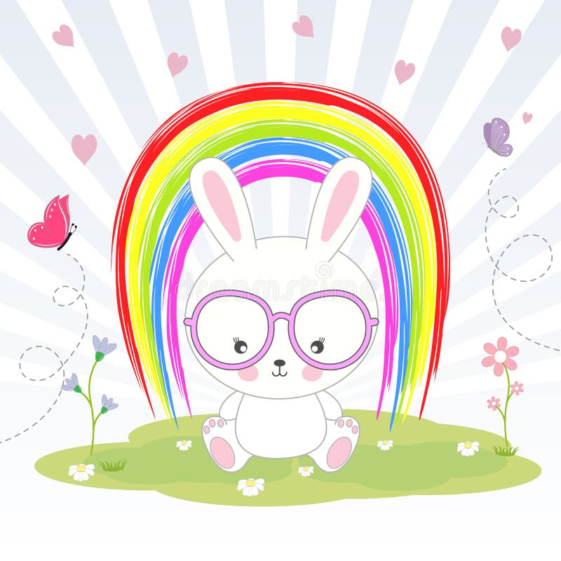 Mooi leuk konijn in glazen die op de achtergrond van de regenboog zitten royalty-vrije illustratie Mooi leuk konijn in glazen die op de achtergrond van de regenboog zitten royalty-vrije illustratie