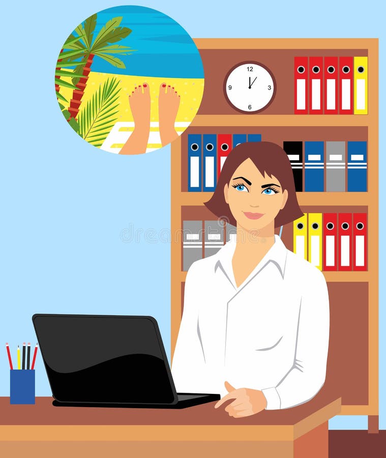 Mooi meisje in de bureauwerkplaats die over vakantie op een strand in tropisch land dromen stock illustratie Mooi meisje in de bureauwerkplaats die over vakantie op een strand in tropisch land dromen stock illustratie