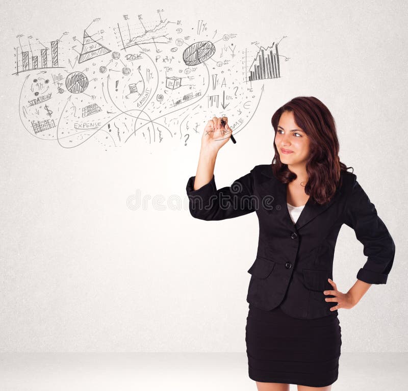 Mooi meisje die grafieken en diagrammen op muur schetsen royalty-vrije stock fotografie Mooi meisje die grafieken en diagrammen op muur schetsen royalty-vrije stock fotografie