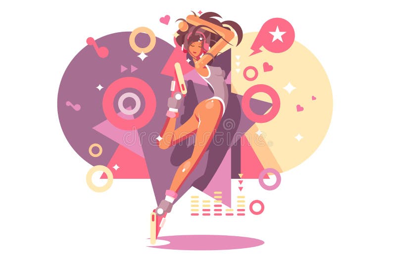Mooi meisje in hoofdtelefoons die in nachtclub dansen royalty-vrije illustratie Mooi meisje in hoofdtelefoons die in nachtclub dansen royalty-vrije illustratie