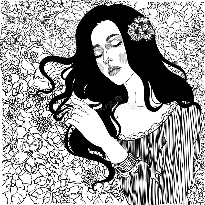 Mooi meisje met een boeket van wilde bloemen stock illustratie Mooi meisje met een boeket van wilde bloemen stock illustratie