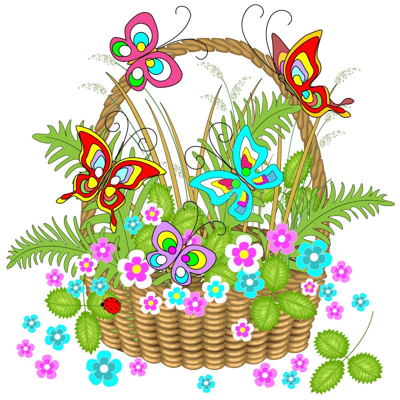 Mooi rieten mandhoogtepunt van bosinstallaties Gevoelige bloemen, charmante vlindersopwinding over hen Vector illustratie stock illustratie Mooi rieten mandhoogtepunt van bosinstallaties Gevoelige bloemen, charmante vlindersopwinding over hen Vector illustratie stock illustratie