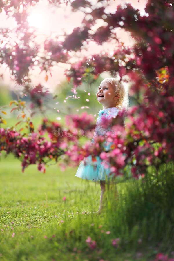 Mooi Weinig Peutermeisje die zich onder het Bloeien Crabapple bevinden royalty-vrije stock foto's Mooi Weinig Peutermeisje die zich onder het Bloeien Crabapple bevinden royalty-vrije stock foto's