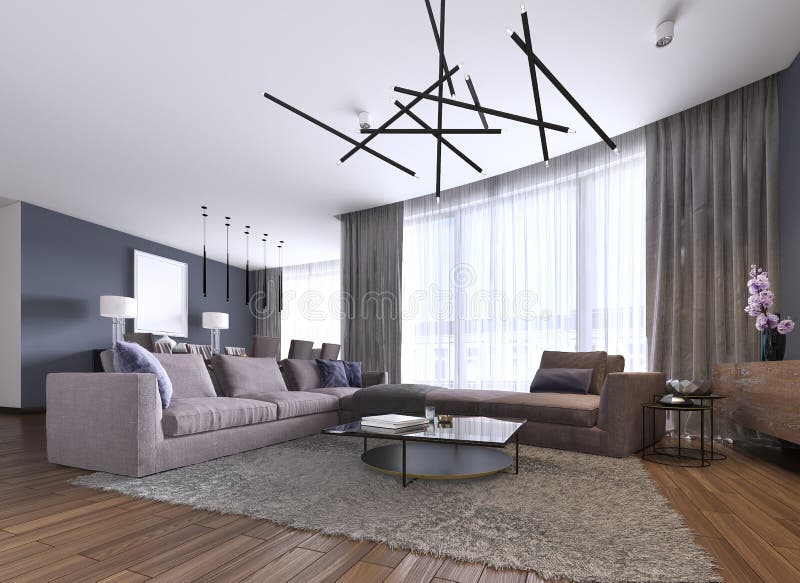 Mooi woonkamerbinnenland met hardhoutvloeren en de grote violette kleur van de hoekbank in nieuw luxehuis Eigentijdse stijl stock illustratie Mooi woonkamerbinnenland met hardhoutvloeren en de grote violette kleur van de hoekbank in nieuw luxehuis Eigentijdse stijl stock illustratie