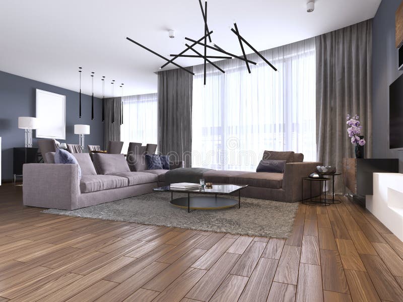 Mooi woonkamerbinnenland met hardhoutvloeren en de grote violette kleur van de hoekbank in nieuw luxehuis Eigentijdse stijl stock illustratie Mooi woonkamerbinnenland met hardhoutvloeren en de grote violette kleur van de hoekbank in nieuw luxehuis Eigentijdse stijl stock illustratie