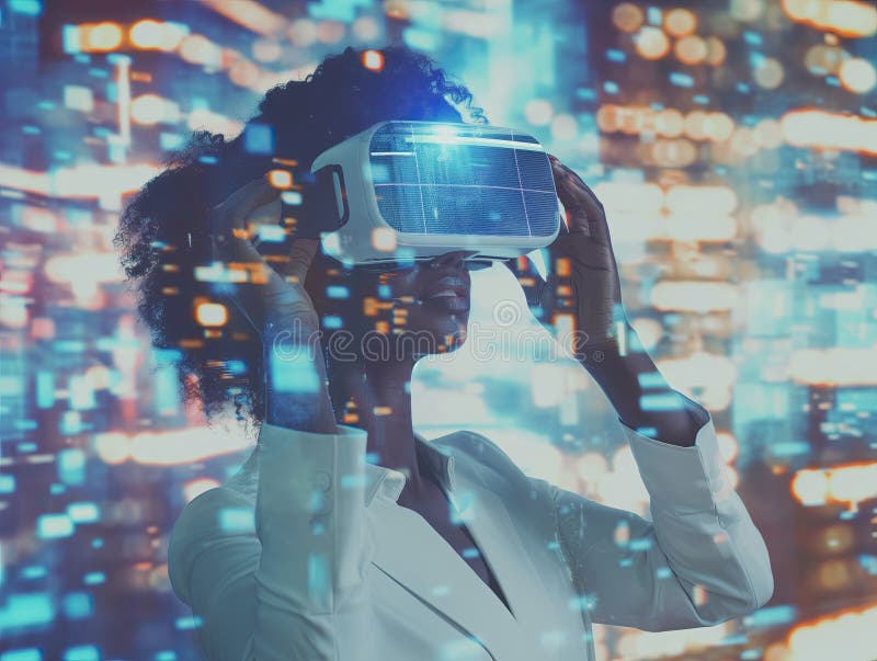 Beautiful African American woman using virtual reality glasses. Glowing graphs and text AI generated. Beautiful African American woman using virtual reality glasses. Glowing graphs and text AI generated