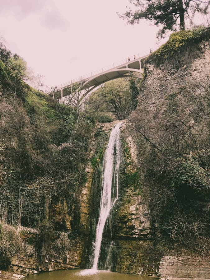 Mooie bergwaterval met een dalende stroom die van die water van onder een brug op een klip stromen met bomen en installaties word royalty-vrije stock foto Mooie bergwaterval met een dalende stroom die van die water van onder een brug op een klip stromen met bomen en installaties word royalty-vrije stock foto