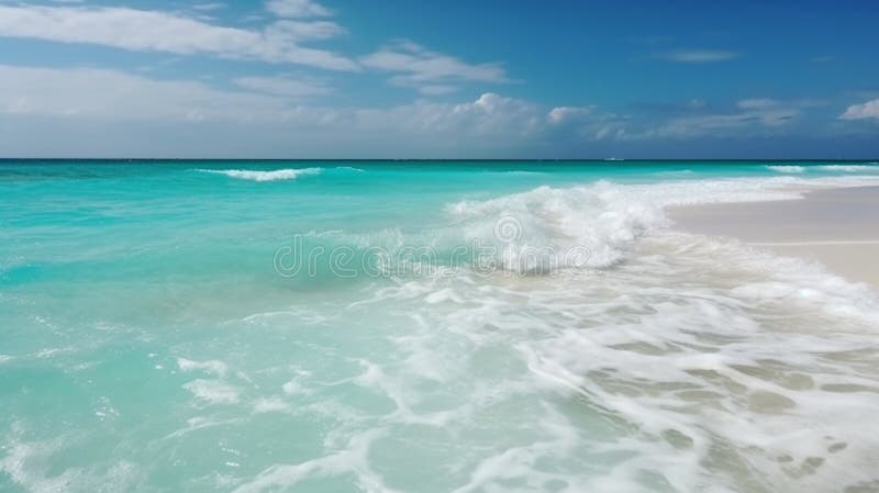 Beautiful blue seascape with a small island on the horizon. Generative AI. Beautiful blue seascape with a small island on the horizon. Generative AI