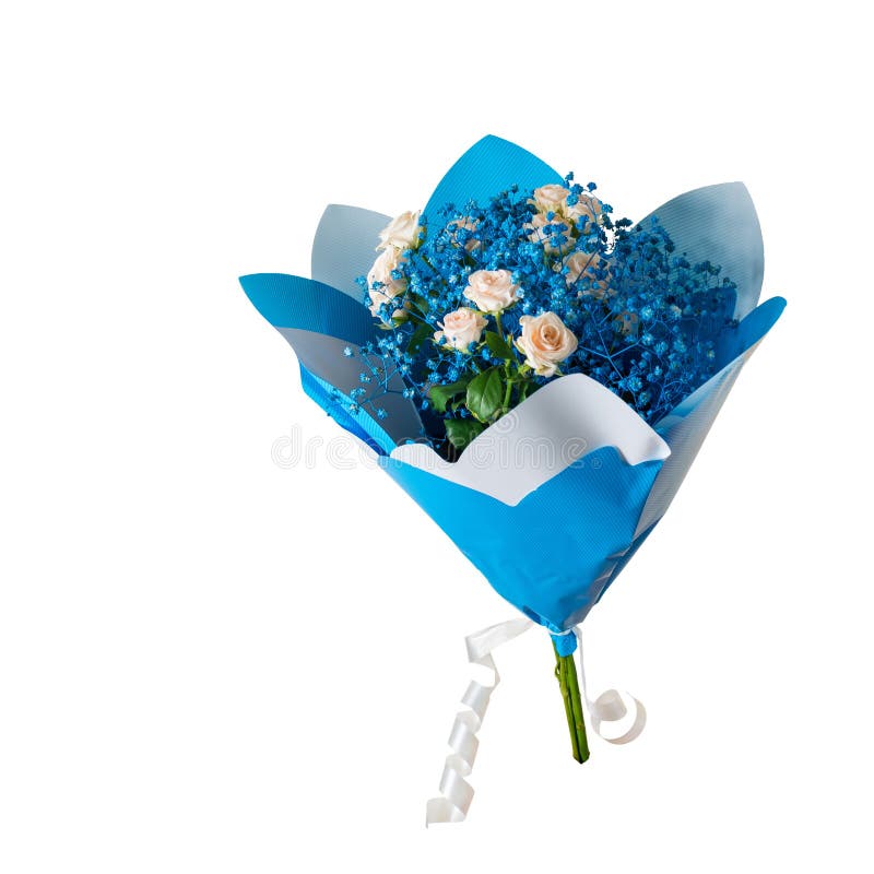 Mooie bouquet in blauw pakket, geïsoleerd op witte achtergrond feestelijke stemming stock illustratie Mooie bouquet in blauw pakket, geïsoleerd op witte achtergrond feestelijke stemming stock illustratie
