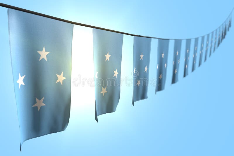 Mooie dag van vlag 3d illustratie - vele vlaggen of banners die van Micronesië diagonaal op koord op blauwe hemelachtergrond hang royalty-vrije illustratie Mooie dag van vlag 3d illustratie - vele vlaggen of banners die van Micronesië diagonaal op koord op blauwe hemelachtergrond hang royalty-vrije illustratie