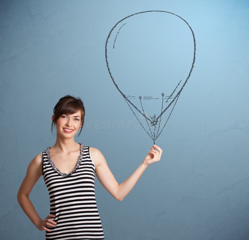 Mooie de ballontekening van de vrouwenholding royalty-vrije stock afbeelding Mooie de ballontekening van de vrouwenholding royalty-vrije stock afbeelding