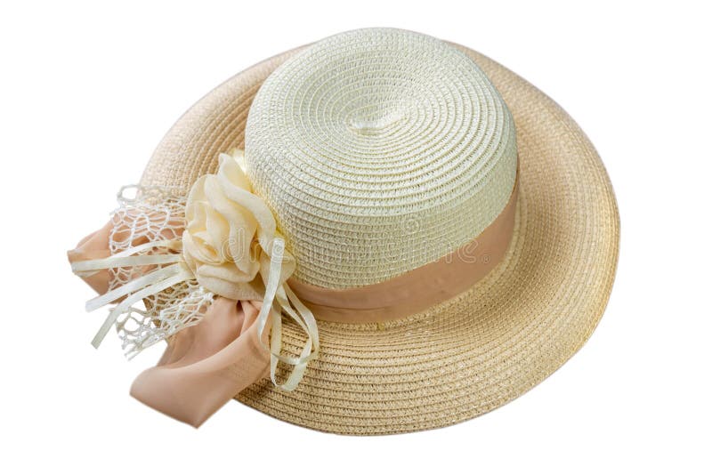Mooie die strohoed met lint en bloem op de witte mening van de achtergrondstrandhoed van een kant wordt geïsoleerd stock fotografie Mooie die strohoed met lint en bloem op de witte mening van de achtergrondstrandhoed van een kant wordt geïsoleerd stock fotografie