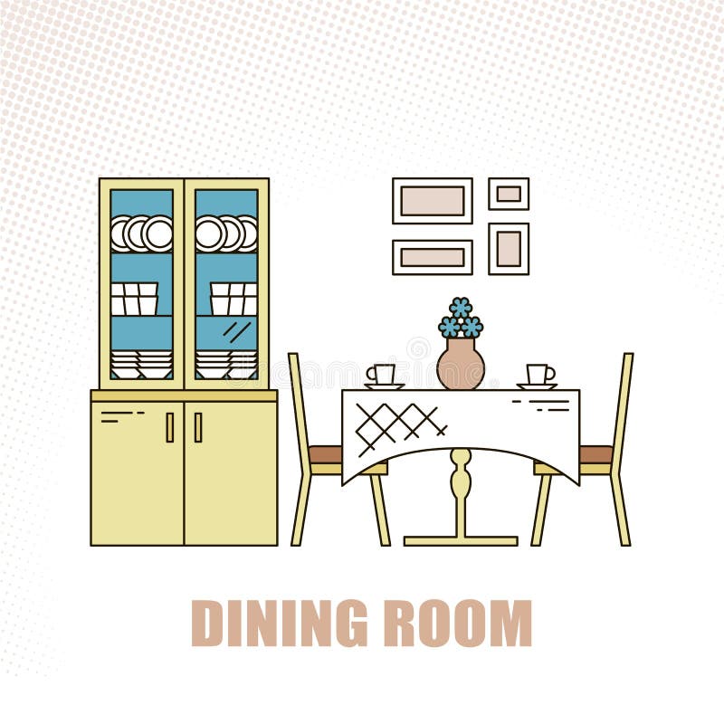 Mooie en kleurrijke vector binnenlandse ontwerpeetkamer in in lijnstijl Moderne huisdecoratie minimalistic royalty-vrije illustratie Mooie en kleurrijke vector binnenlandse ontwerpeetkamer in in lijnstijl Moderne huisdecoratie minimalistic royalty-vrije illustratie