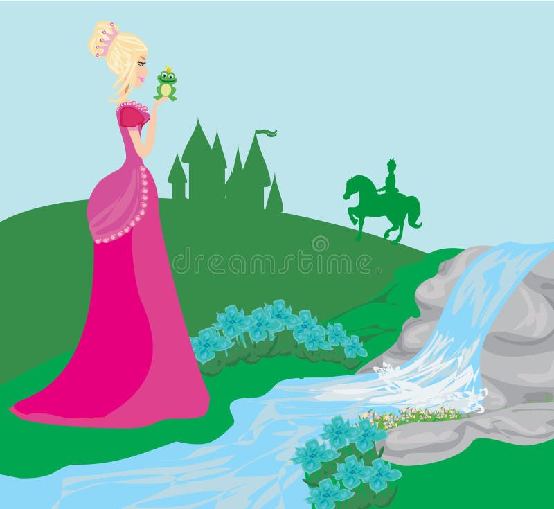 Mooie jonge prinses die een grote kikker kussen stock illustratie Mooie jonge prinses die een grote kikker kussen stock illustratie