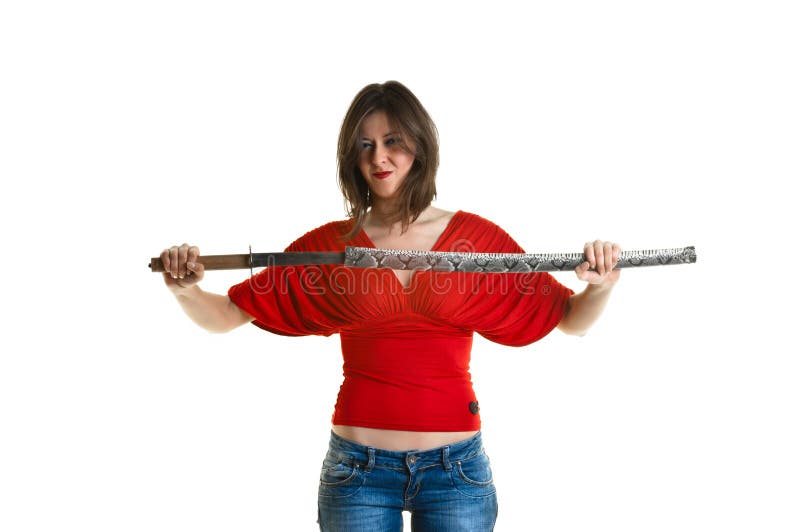 Mooie jonge vrouw die een katana houden stock afbeelding Mooie jonge vrouw die een katana houden stock afbeelding